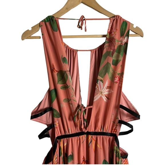 Express Coral Pink Strappy Tropical Floral Print Cut Out Maxi Dress Size Large - Picture 4 of 9